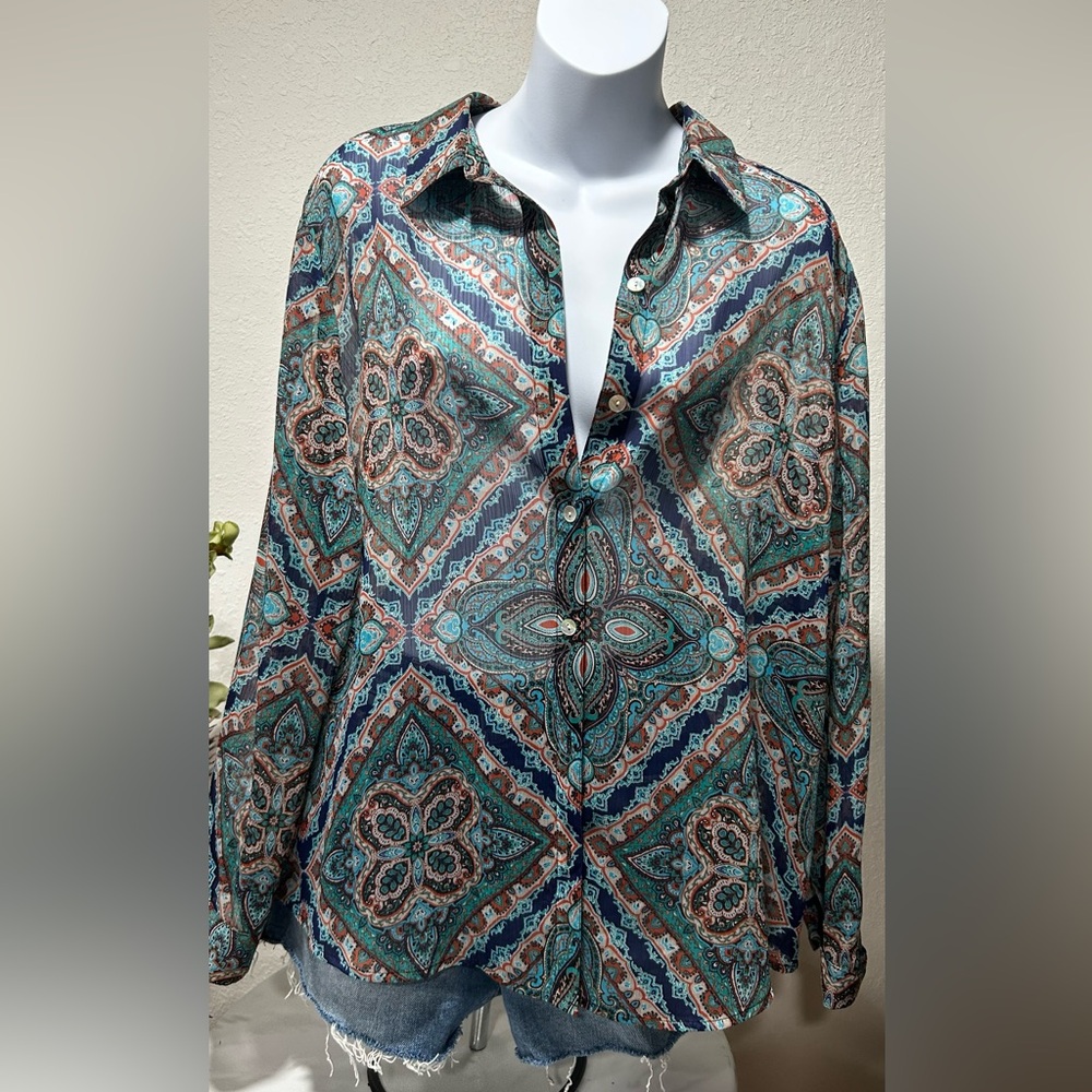 Chico’s Boho Paisley Button-Up Shirt long-sleeve size 2